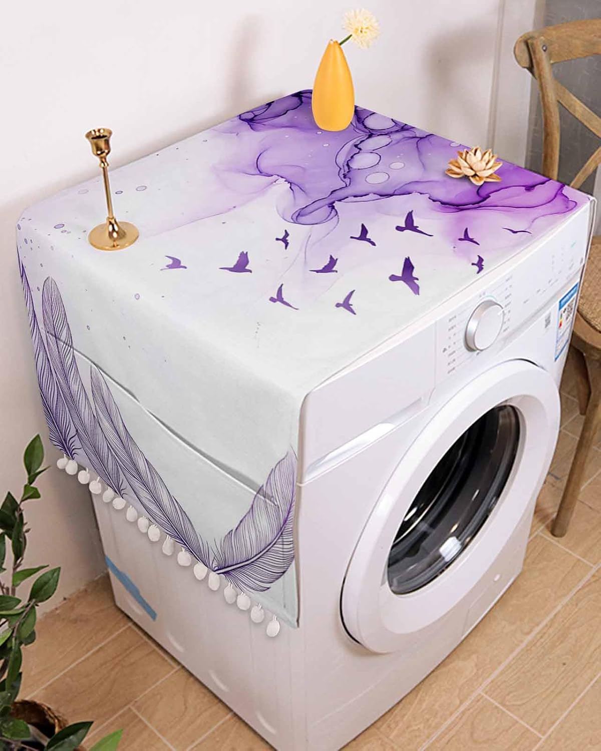 Microwave Oven Dust Cover with Storage Pockets, Abstract Feather Bird Ink Painting Purple White Anti-Slip Refrigerator Top Cover 12" X 35" image 2