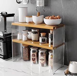 2 Tiers Acrylic Desktop Organizer Office Storage Rack Wood Desk Bookshelf Office Supplies Desk Organizer Mini Cute Kitchen Condiment Shelves