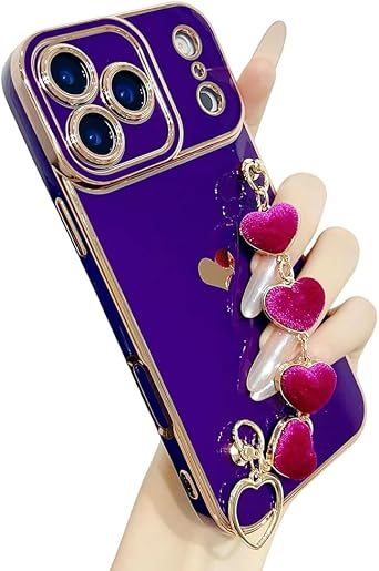 for iPhone Case,Cute Plating Love Heart Wrist Strap Chain Bracelet Compatible with iPhone Case iPhone 17 Pro Max,Purple