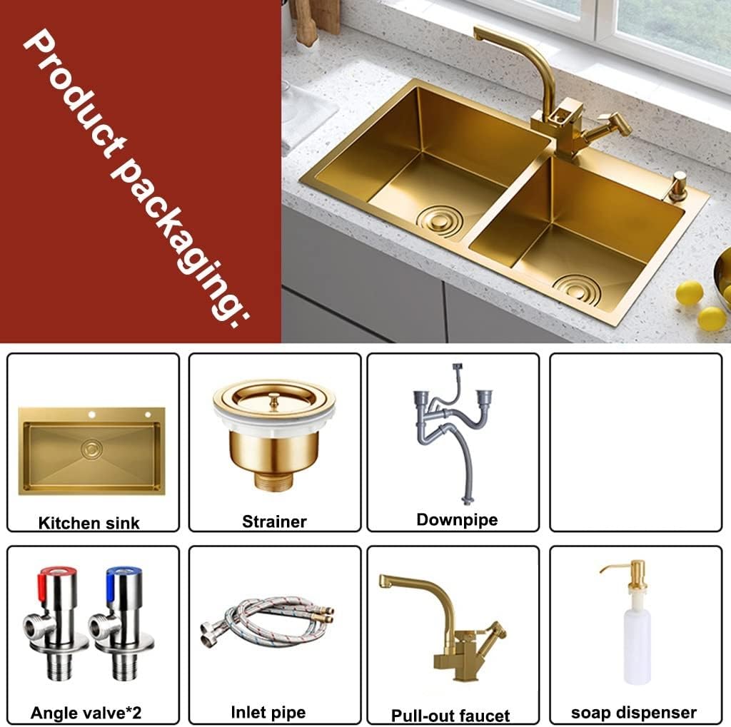 Generic Large Gold Double Bowl Bar Prep Sink He 304 Stainless Steel Kitchen Sink RV Sink Drop-in Or Undermount (Color : Gold-4, Size : 80x45x22cm)