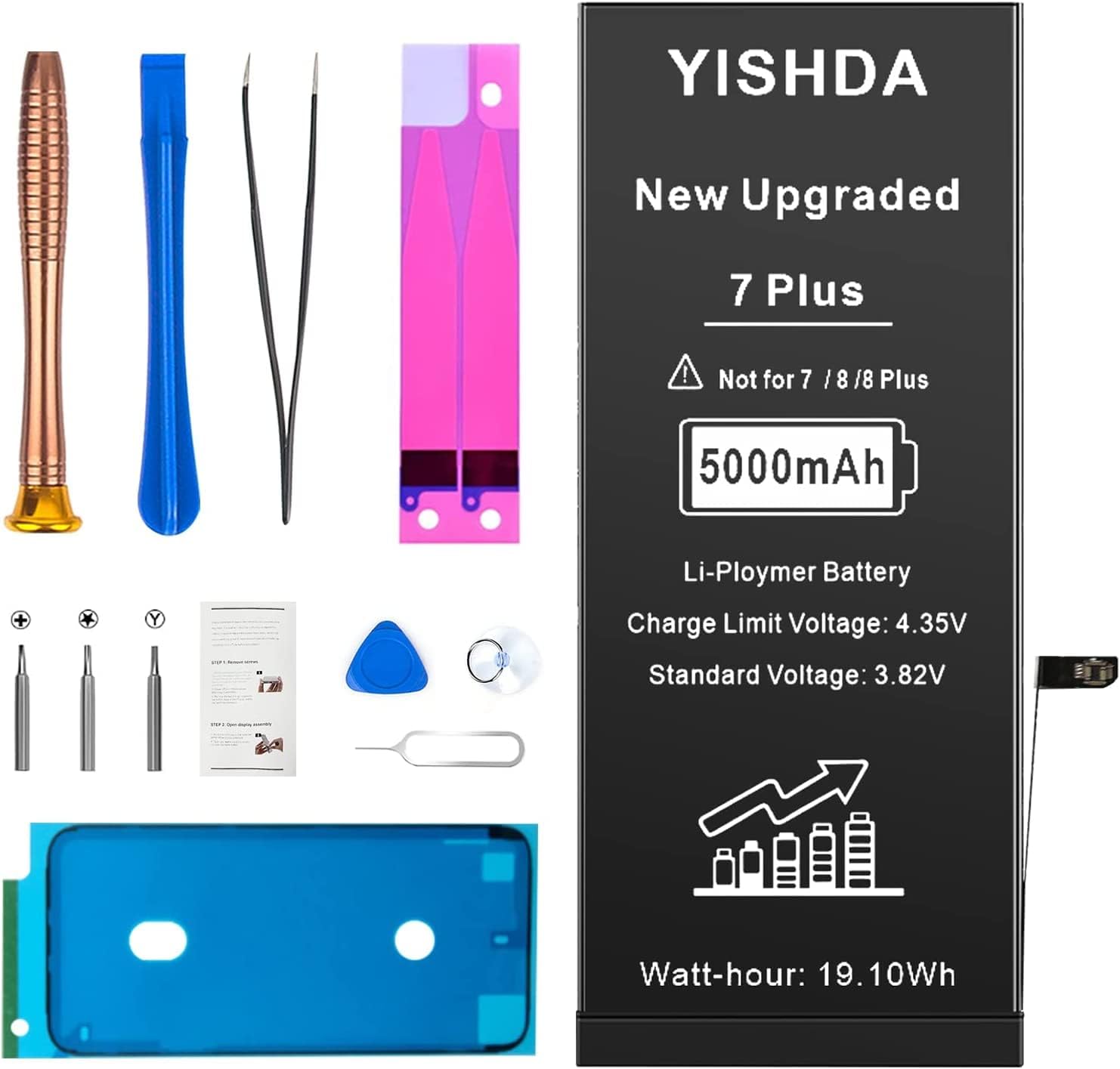 【5000mAh 】Battery for iPhone 7 Plus, YISHDA Li-ion Internal New Upgrade 0 Cycle High Capacity Battery Replacement for iPhone 7 Plus Model A1661 A1784 A1785 with Complete Professional Repair Tool Kit…