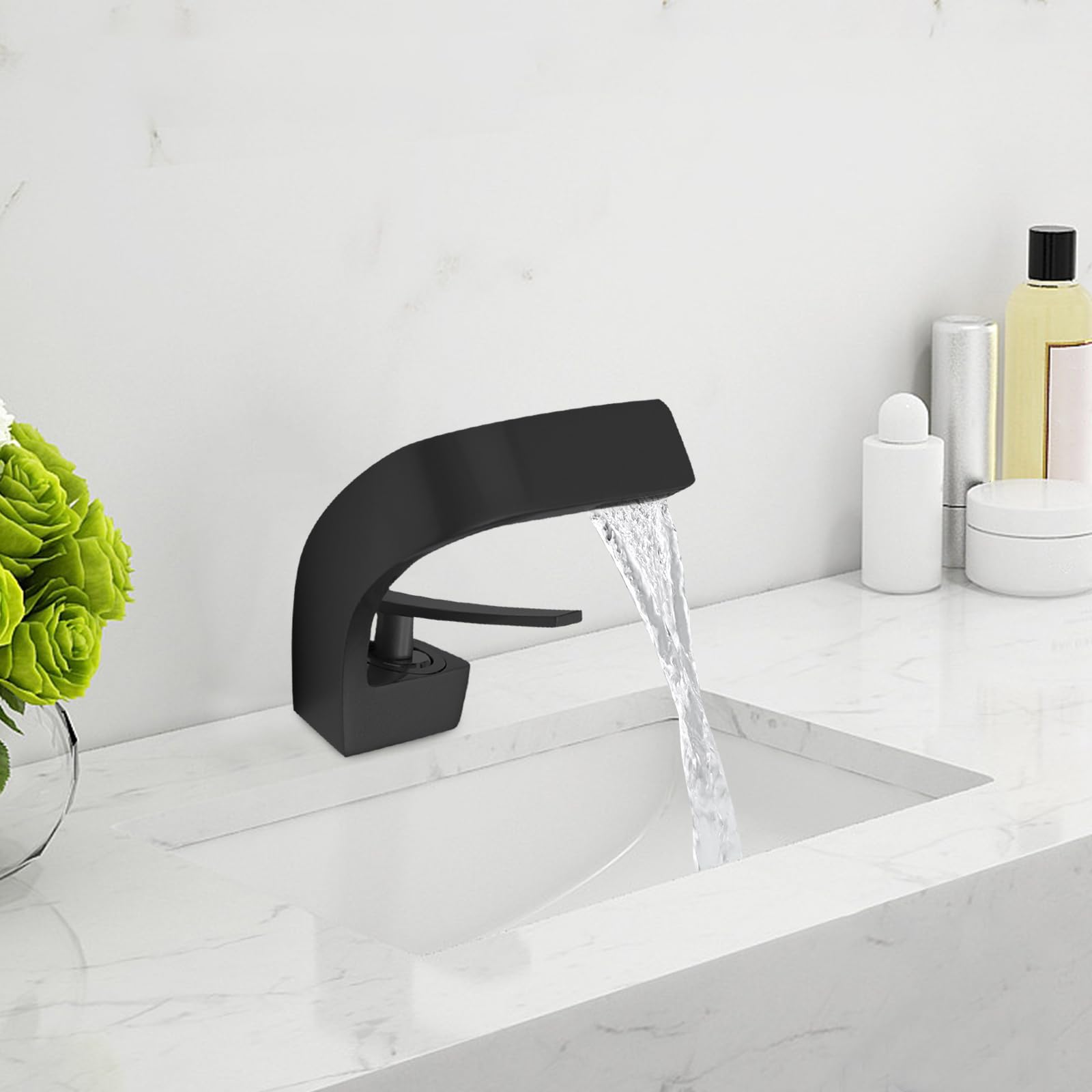 Robinet cascade de salle de bain - Design moderne - Élégant - En cuivre - 0 à 80 °C - Noir
