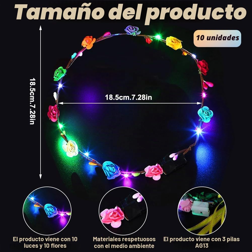 10 diademas de flores LED con diez flores y 10 luces LED, para fiestas, festivales, bodas