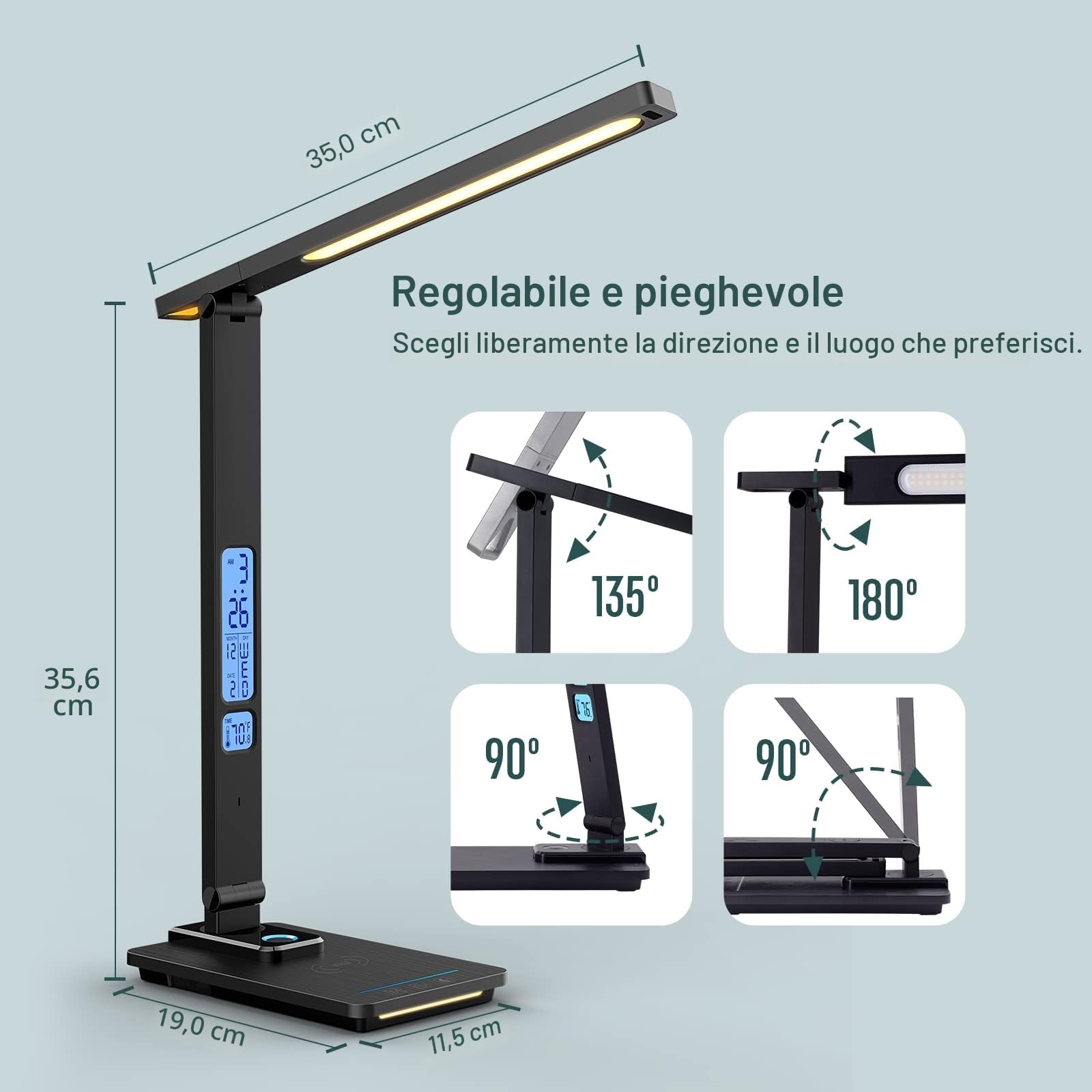 Lampada da Scrivania LED con Ricarica Wireless- Lampada da Tavolo con Caricabatterie 10 W, Porta di Ricarica USB, Lampada da Scrivania Pieghevole Rotante, Dimmerabile a 5 Livelli Touch, 3 Modalità