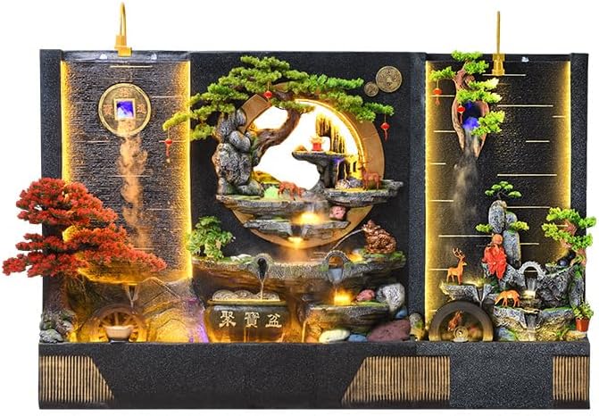 Modern Zen-Inspired Water Fountain with Multi-Level Waterfalls and LED Lighting – Standing Feature for Indoor/Outdoor Use, Includes Bonsai and Artistic Details(1899 Rockery+1666)