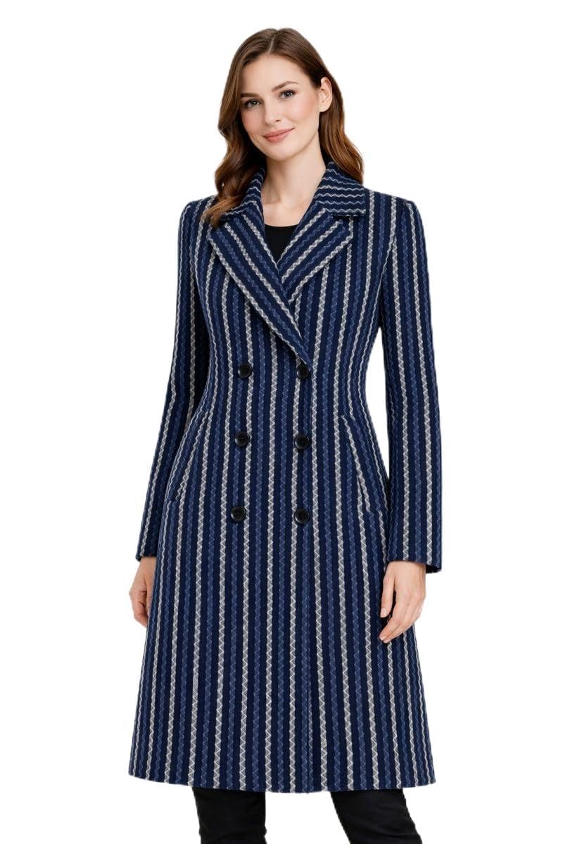essentiele Women's Long Double Breasted Coat, Black and Gold Striped Pattern, Wool Blend, Notched Collar, Cape Sleeves-picture-44