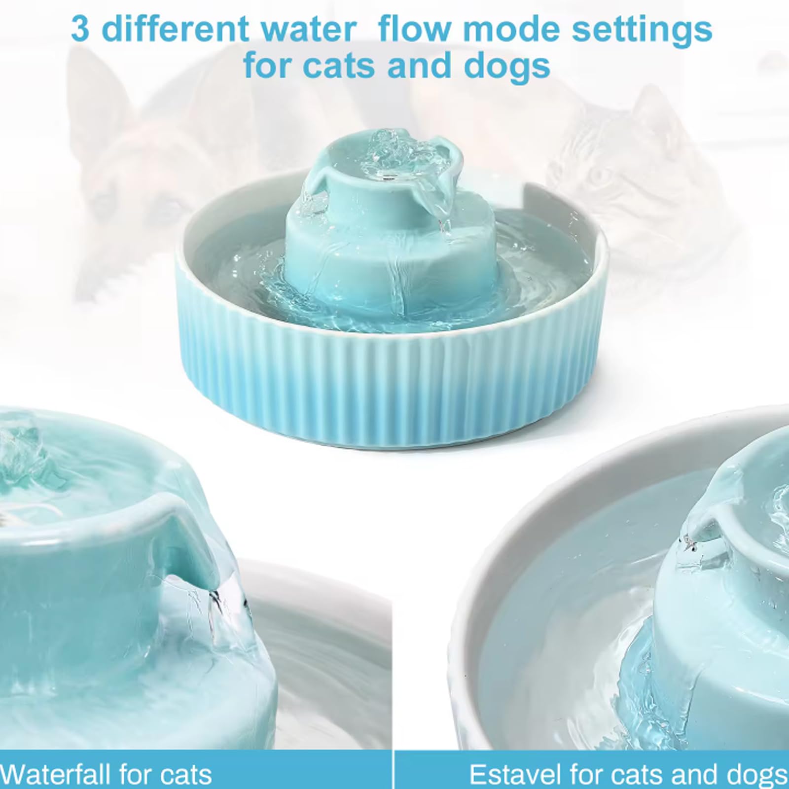 TsoLay Fontana per Gatti in Ceramica, Fontanella per Animali a Circolazione Automatica da 2,1 Litri con Pompa Silenziosa E Filtri di Ricambio, Flusso d'Acqua Silenzioso, per Gatti