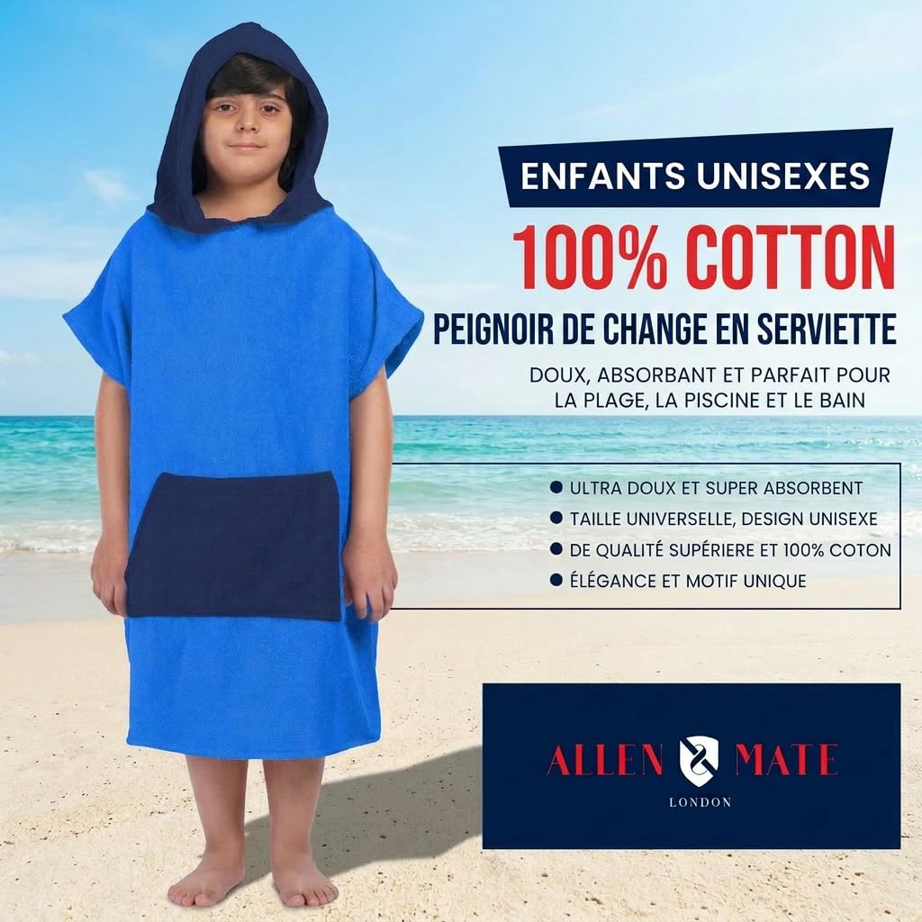 ALLEN & MATE 100% COTON Serviette de plage poncho pour enfants - Peignoir de bain surdimensionné à séchage rapide avec capuche et poche pour garçons et filles
