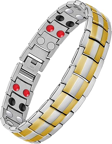 Feraco Pulseras magnéticas para hombre, pulsera magnética de acero de titanio con doble fila, piedras efectivas de 4 elementos, Acero de titanio