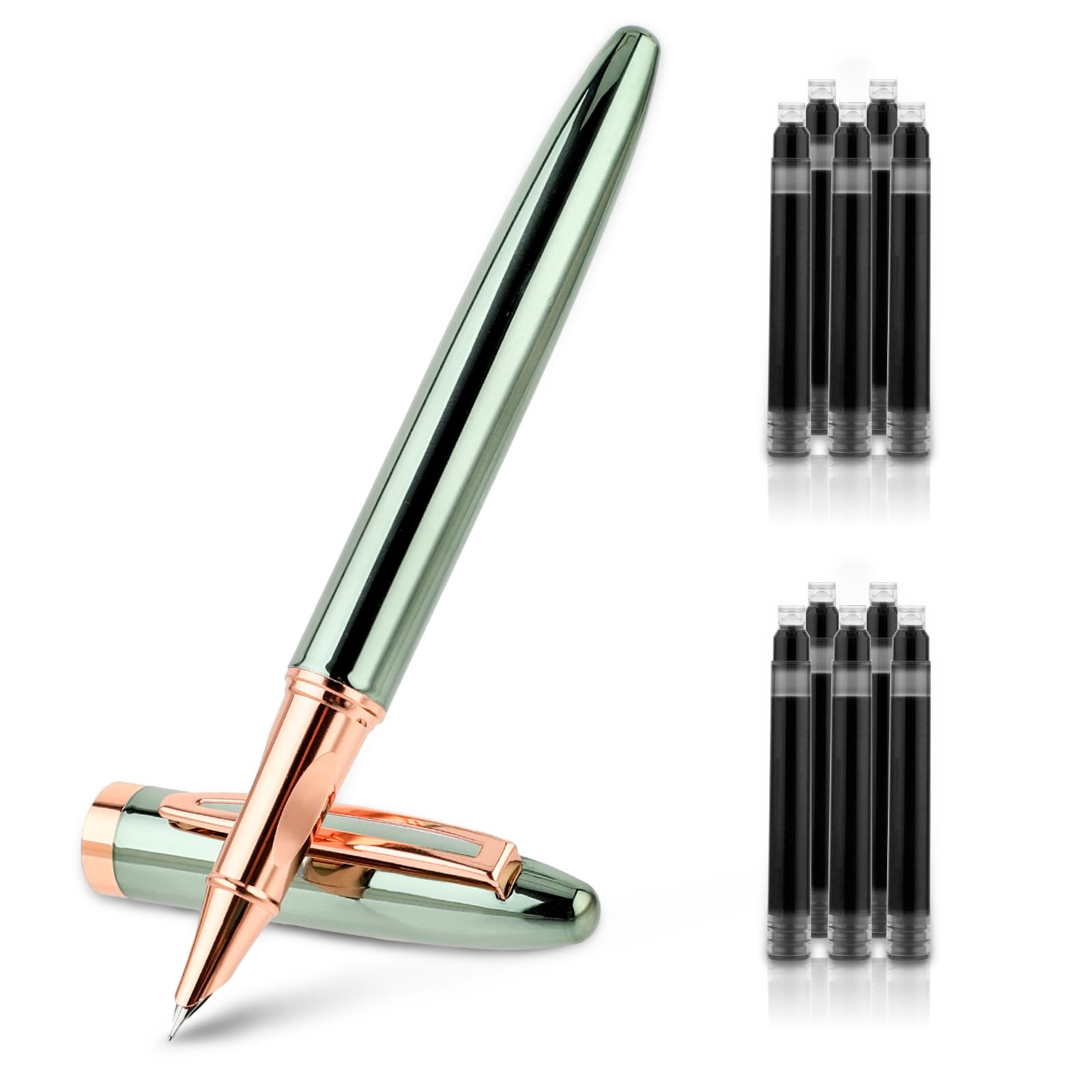 AmaxiuMetal Black Fountain Pen Set, 0.38mm Fine Nib Fountain Pen with 10 3.4mm Ink Cartridges and 1 Converter Smooth Writing Luxury Calligraphy Pen Office School Supplies Gift(Green)
