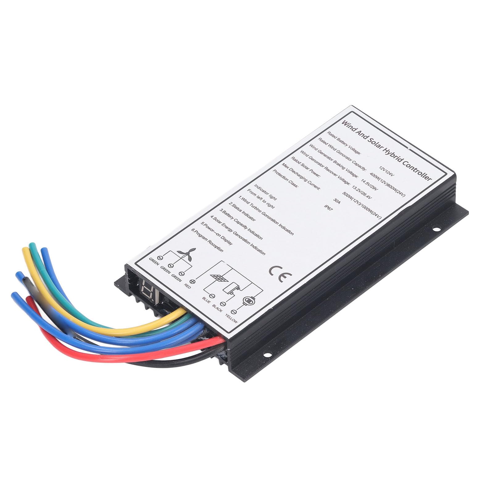 Regolatore ibrido solare eolico 30A, sistema di controllo della carica ibrido PWM per turbina eolica da 800 W e pannello solare da 1000 W con tracciamento MCT, alloggiamento in alluminio IP67, 12 V