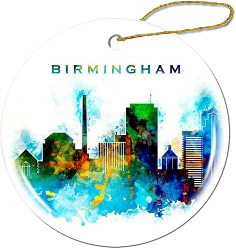 Fhdang Decor Birmingham Alabama Acuarela Ciudad Silueta Navidad Adorno de porcelana de cerámica de doble cara, 3 pulgadas Fhdang Decor Birmingham Alabama Acuarela Ciudad Silueta Navidad Adorno de porcelana de cerámica de doble cara, 3 pulgadas