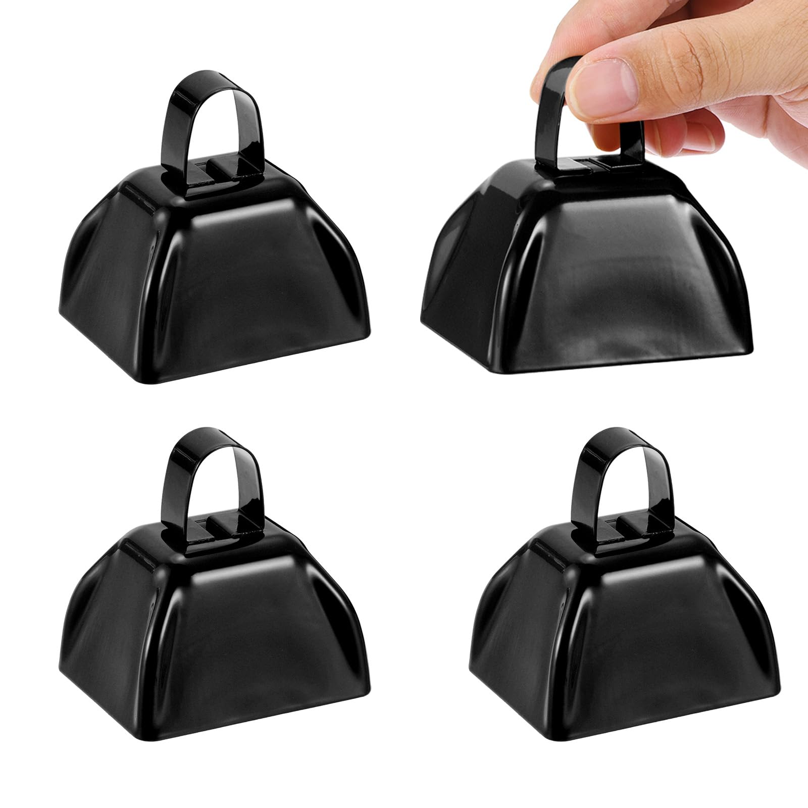 PATIKIL 4pcs Cow Bells for Football Games 3inch Cowbells for Sporting Events Bulk Loud Noise Makers Metal Cow Bell with Handle for Cheering Competition Marathon Wedding Black