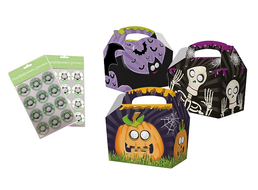 MustBeBonkers Halloween Skeleton Bat Pumpkin Spooks & Spells Party Food Boxes/Trick or Treat Box Bags Sticker Seals (20 Boxes)