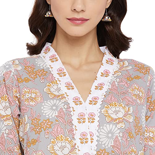 Image of Tissu Women's Cotton Sea Green & Pink Floral Printed Kurta with Palazzo
