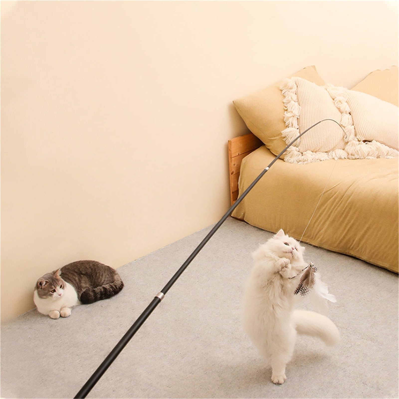 Canne a Peche Chat Tige Extra Longue résistante aux Rayures, Jouets for Chats en Plumes for soulager l'ennui pour l'Ennui(White)