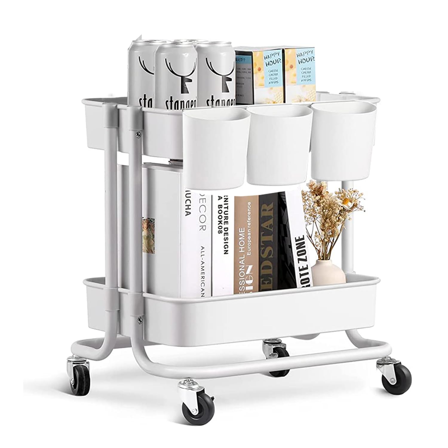 2-Tier Utility Rolling Cart Storage Sofa Side Table with Wheels, Mobile Trolley Organizer with for Office Home Kitchen Organization, Cream White