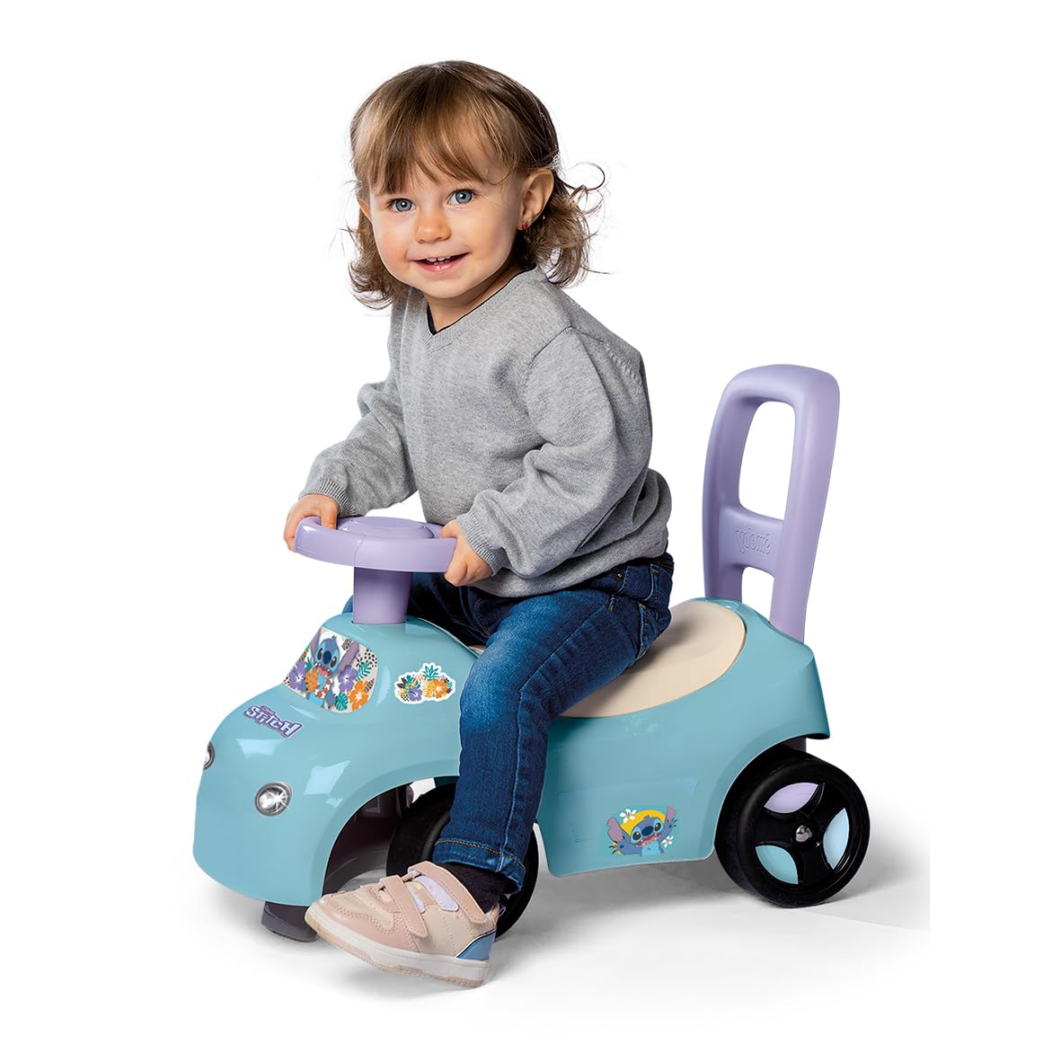 Smoby - Stitch - Auto cavalcabile - Ausilio per camminare - Volante - Vano portaoggetti sottosella - Dai 10 mesi - Prodotto in Francia