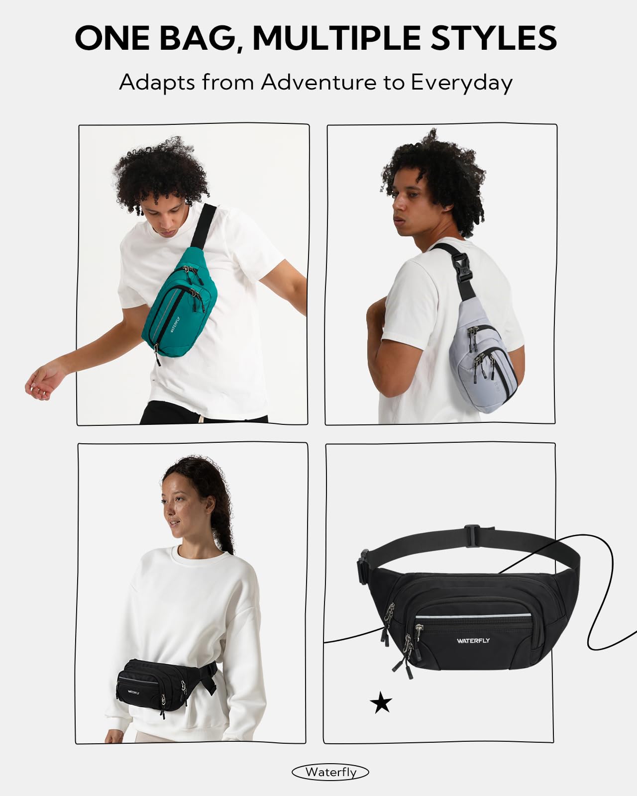 WATERFLY Bauchtasche Gürteltasche Herren Damen: Große Hüfttasche mit RFID Schutz Waist Fanny Pack mit Verlängerungsgurt Stylische Sport Bum Hip Bag für Reise Wandern Outdoor Schwarz