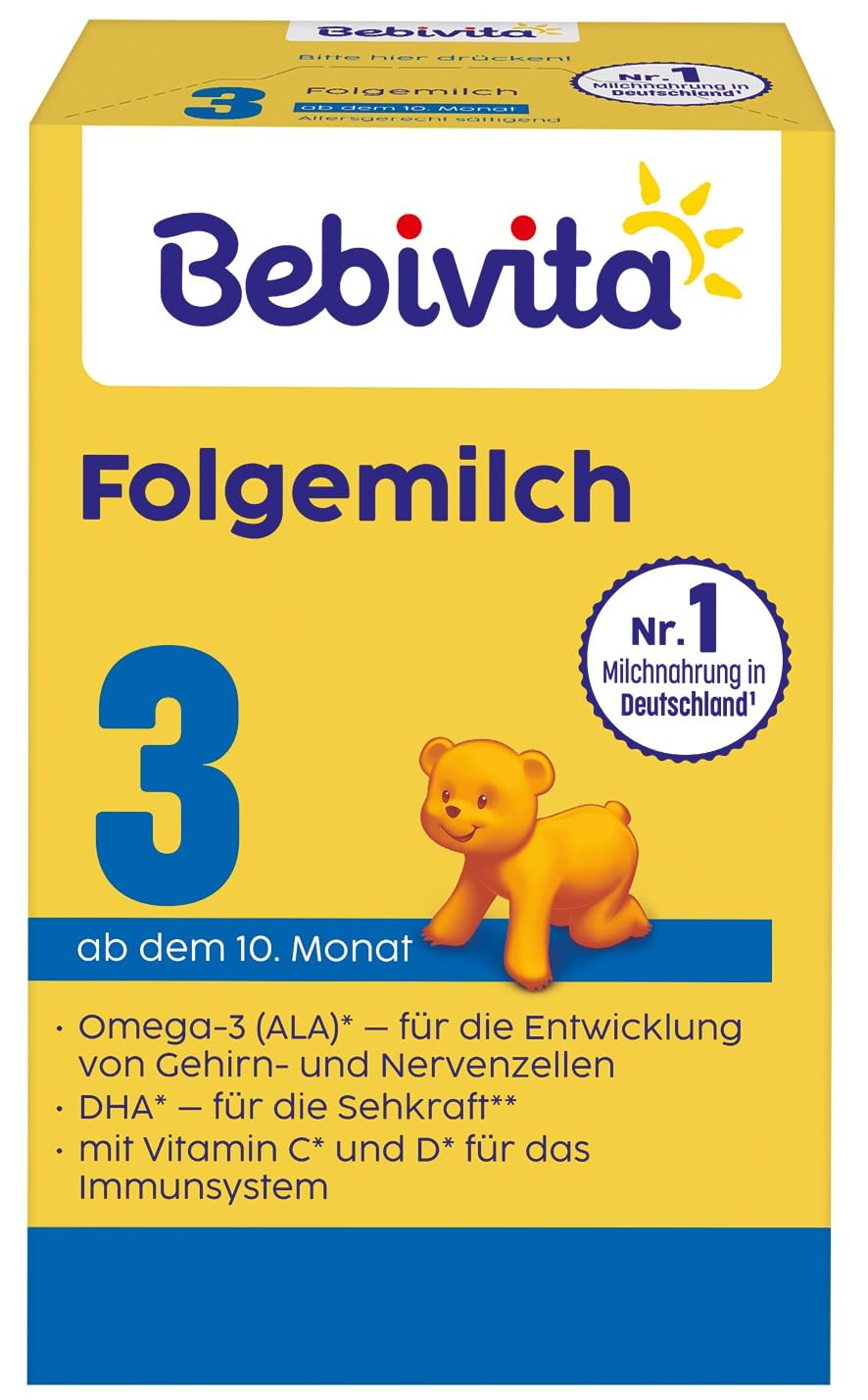 Bebivita 3 Folgemilch (4 x 500g), ab dem 10. Monat, mit Vitamin C und D, Omega-3 (DHA,ALA), altersgerecht sättigend
