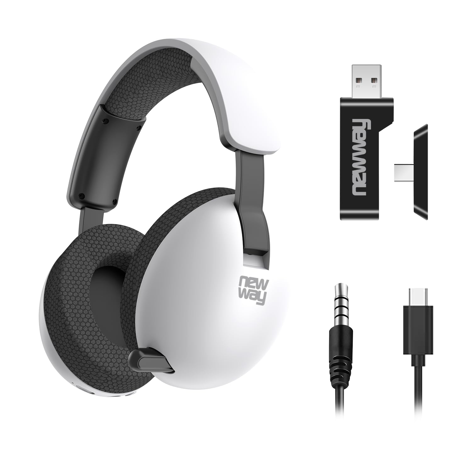 NEWWAY NH251 - Cuffie audio senza fili, microfono retrattile, tripla modalità WiFi 2,4 GHz/BT, ricevitore USB/USB-C, per PC, laptop, smartphone, console e Mac (bianco)
