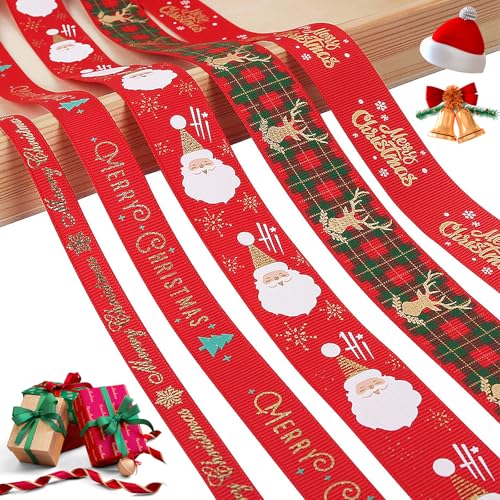 Begpoee 5 Piezas Cinta Navideña, Poliéster Cintas Temáticas Navideñas, De Cintas de Navidad Rojo y Verde, Cinta de Grosgrain Navideña, Cintas de Regalo, para Envolver (91 cm)
