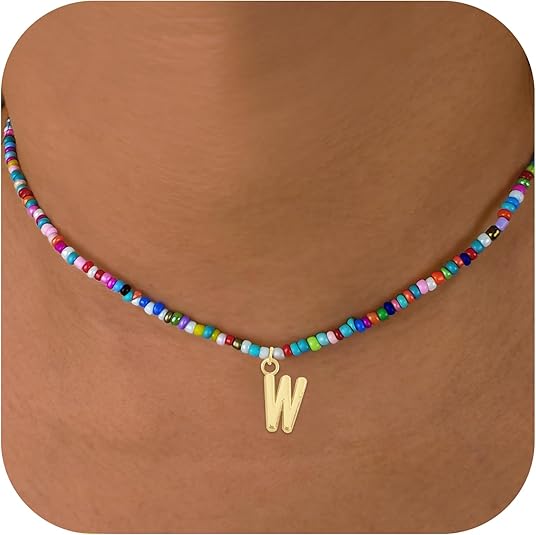 Colorful Beaded Initial Necklaces for Kids Girls, Personized Graduation Birthday Gifts - Choker Necklace for Women,Teen and Preteen Girls