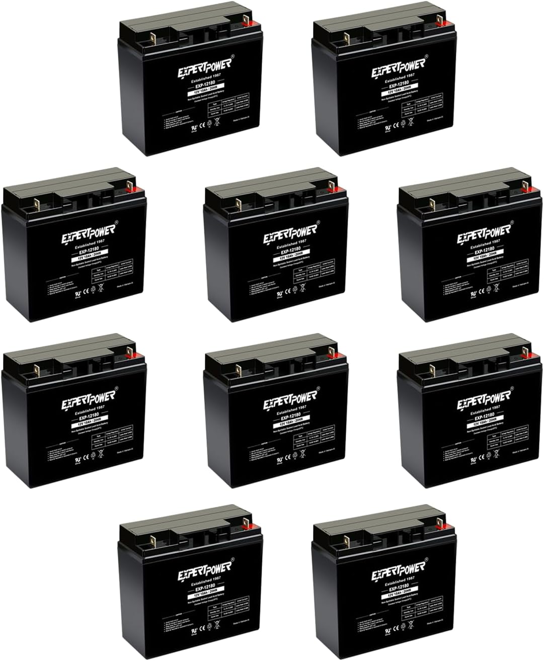 ExpertPower 10 Pack EXP12180 12V 18Ah / 20HR AGM - Rechargeable 12V Battery Sealed Lead Acid Battery, Small 12 Volt Batteries for Alarm Systems, Generator, Wheelchair, Solar Power, UPS Replacement