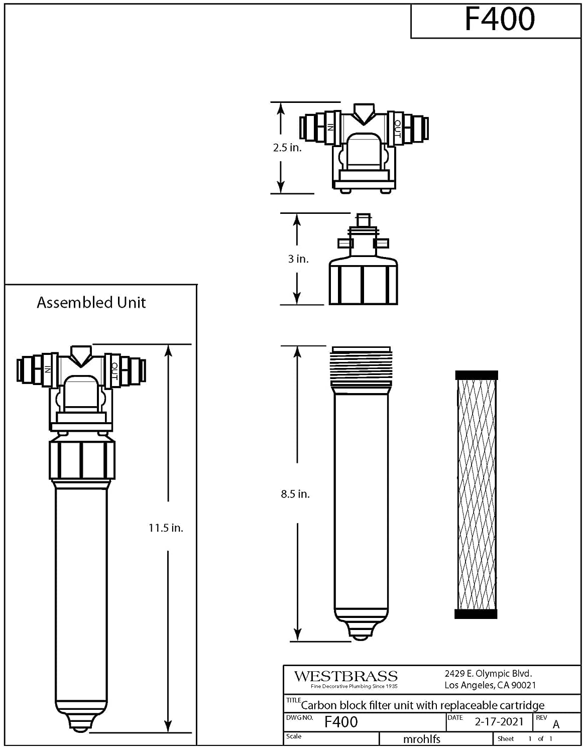 Westbrass AF400 Under Sink In-line Filter Unit and Cartridge for Instant Hot or Pure Water Dispenser faucets, White