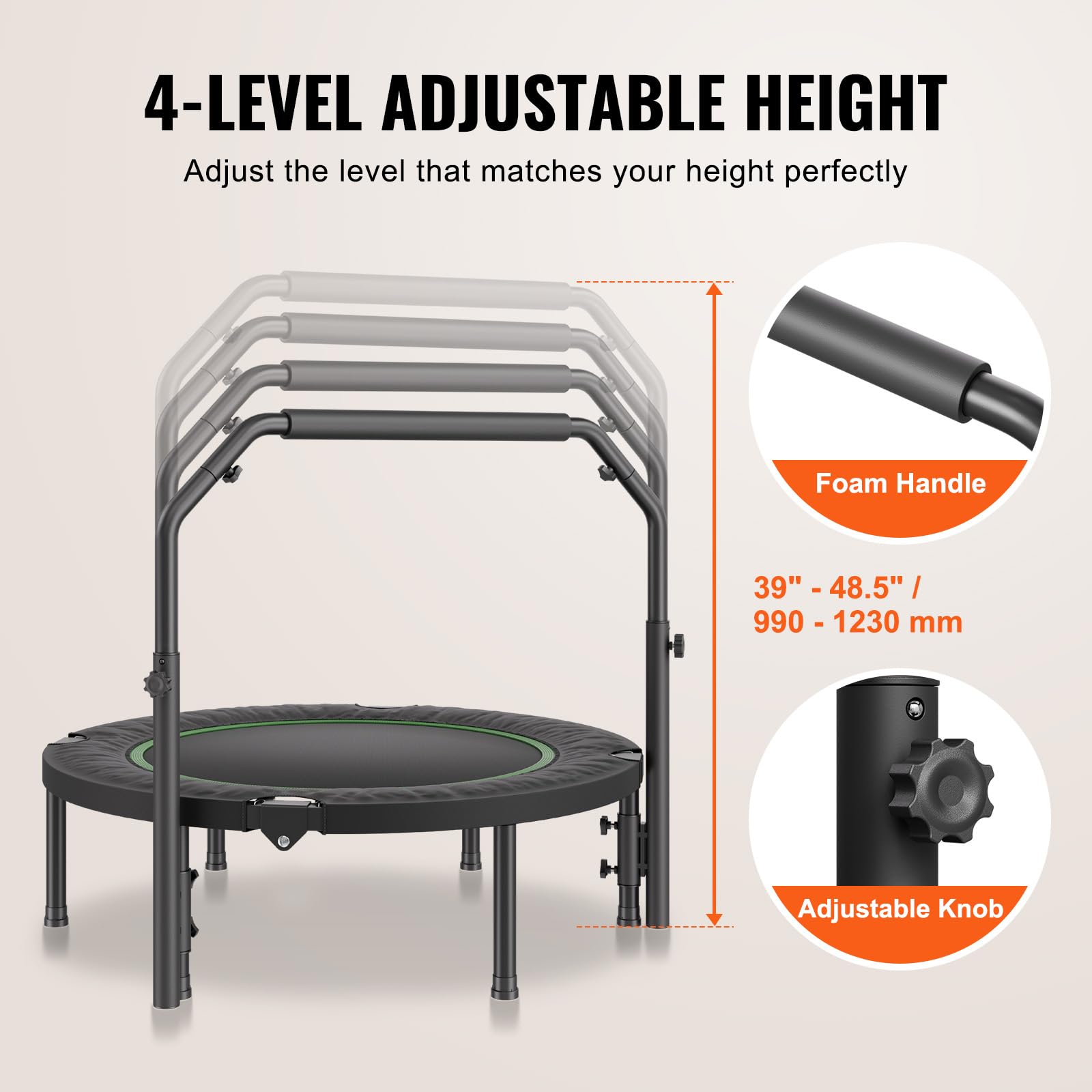 VEVOR Mini Trampoline Pliable, 1027 mm, Fitness rebounder, Charge Max. 150 kg, Stable et Silencieux avec poignée en Mousse réglable en Hauteur à 4 Niveaux, pour Exercice, entraînement, pour Adultes