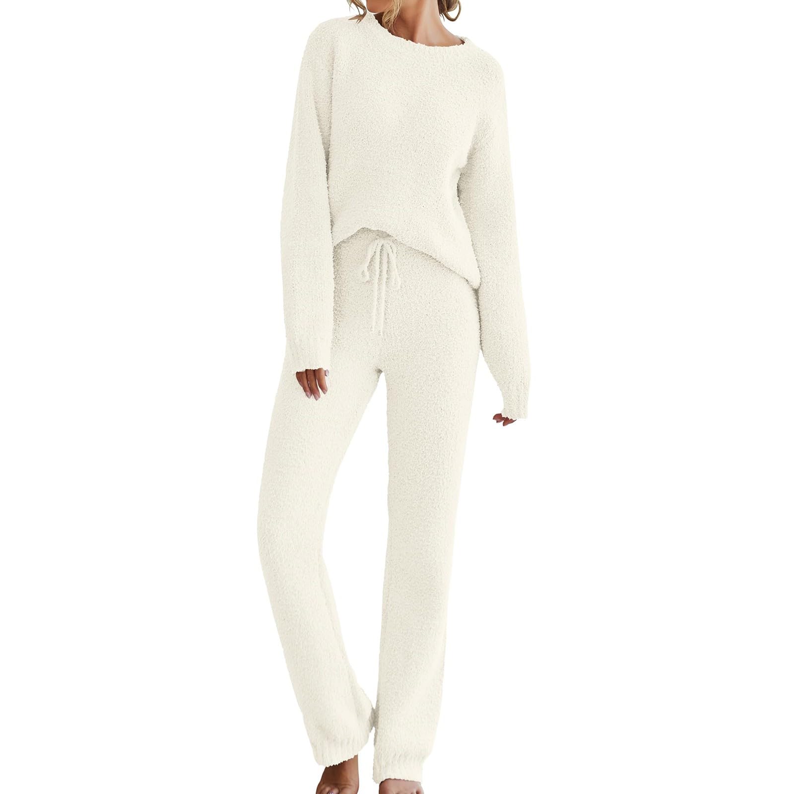 Conjunto completo de 2 piezas de forro polar mullido de manga larga para mujer, conjunto completo de suéter de felpa de pierna ancha, pantalones rectos, conjuntos de pijama de otoño e invierno, Reino