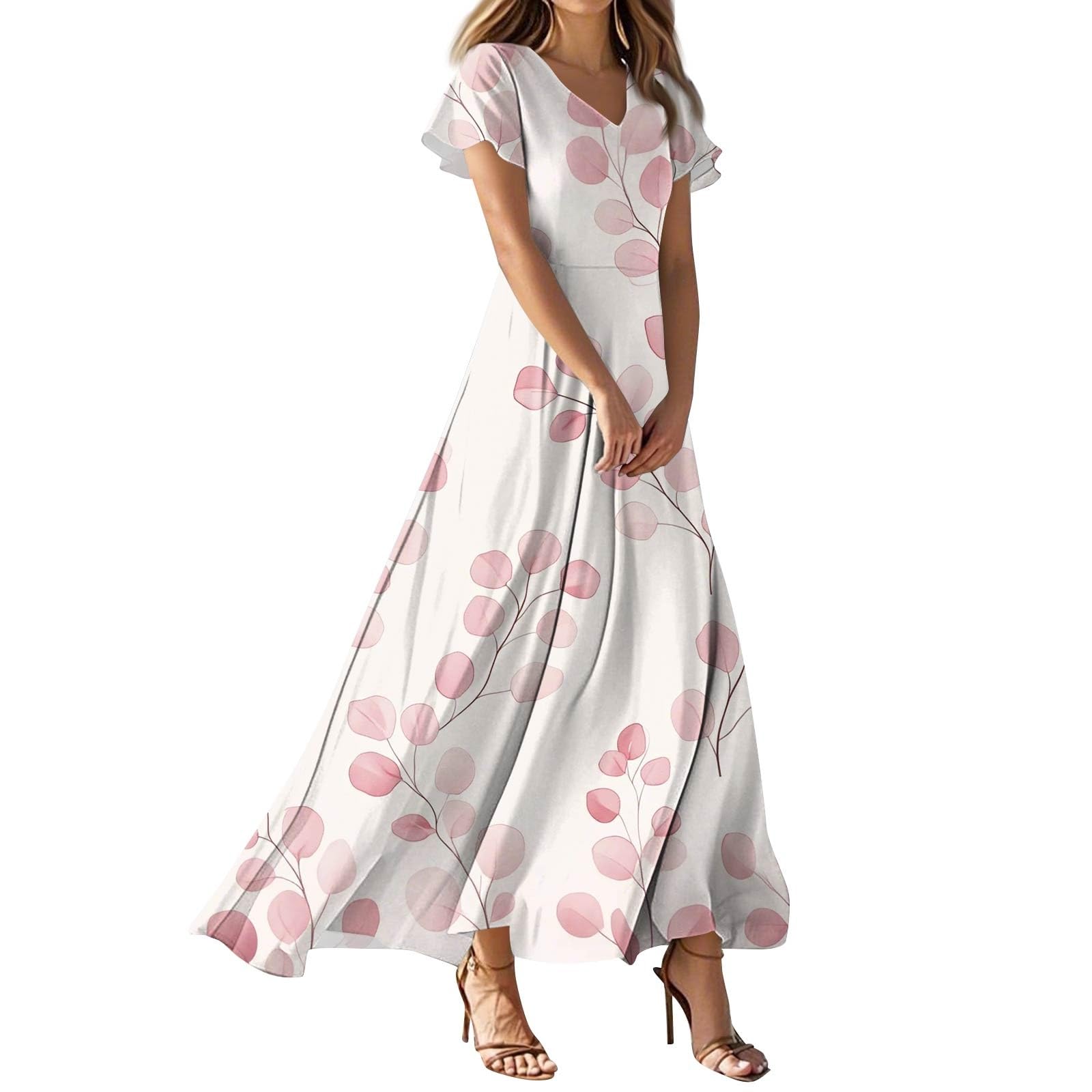 Maxi Dresses for Women,2025 Summer Elegant Trendy V Neck Short Sleeve Floral Long Beach Dress,Romantic Flowy Ruched Swing A Line Boho Vacation Dress Hawaiian Cruise Outfits(B-Pink,XL)