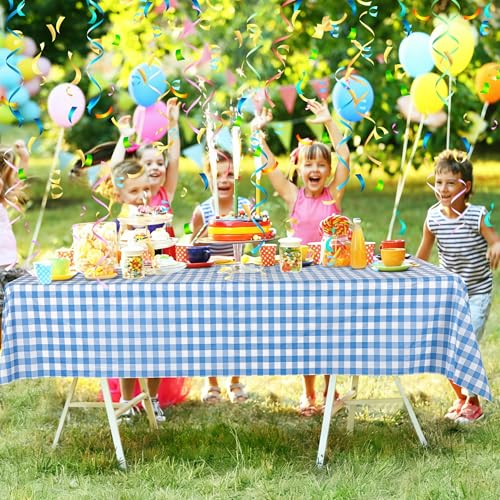 Image of Kochorie 54 Inch x 300 Ft Light Blue Checkered Plastic Table Cloth Roll Disposable Waterproof Table Cover Plastic Table Cover Roll with Easy Slide Cutter for Outdoor Picnic /Home Dining /Spring Party