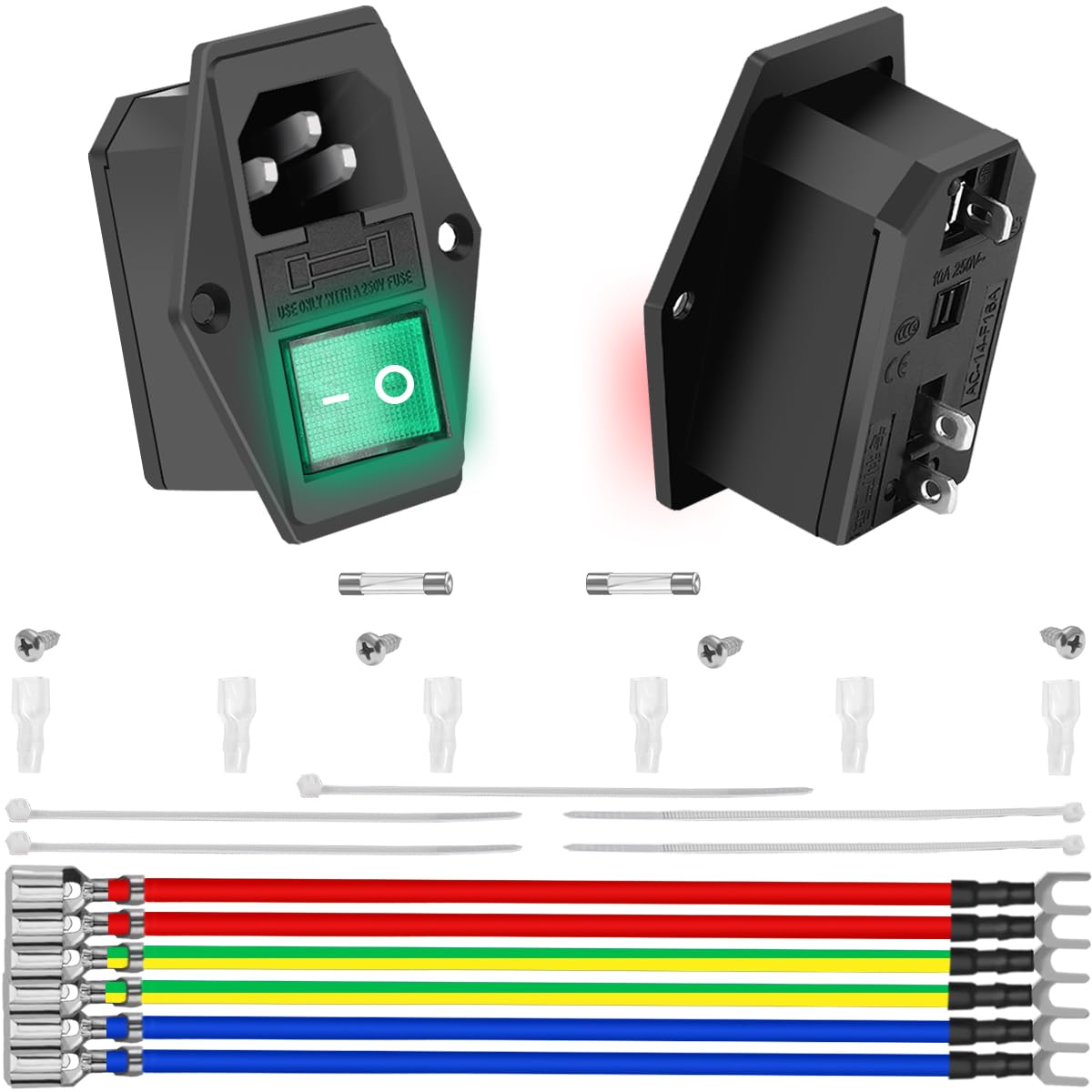 MKBKLLJY 2PCS Rocker Switch Power Socket Inlet Module Plug Male 10A 250V AC Arcade Power Switch Adapter Power Connector 3 Pin AC-14-F16A LED Light