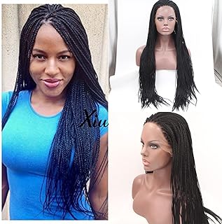 xiweiya Long Black Micro Braided Wig 1b Black Box Braids Heat Resistant Fiber Mermaid Black Braiding Synthetic Lace Front Wig Middle Cap Size for Women 26 inch