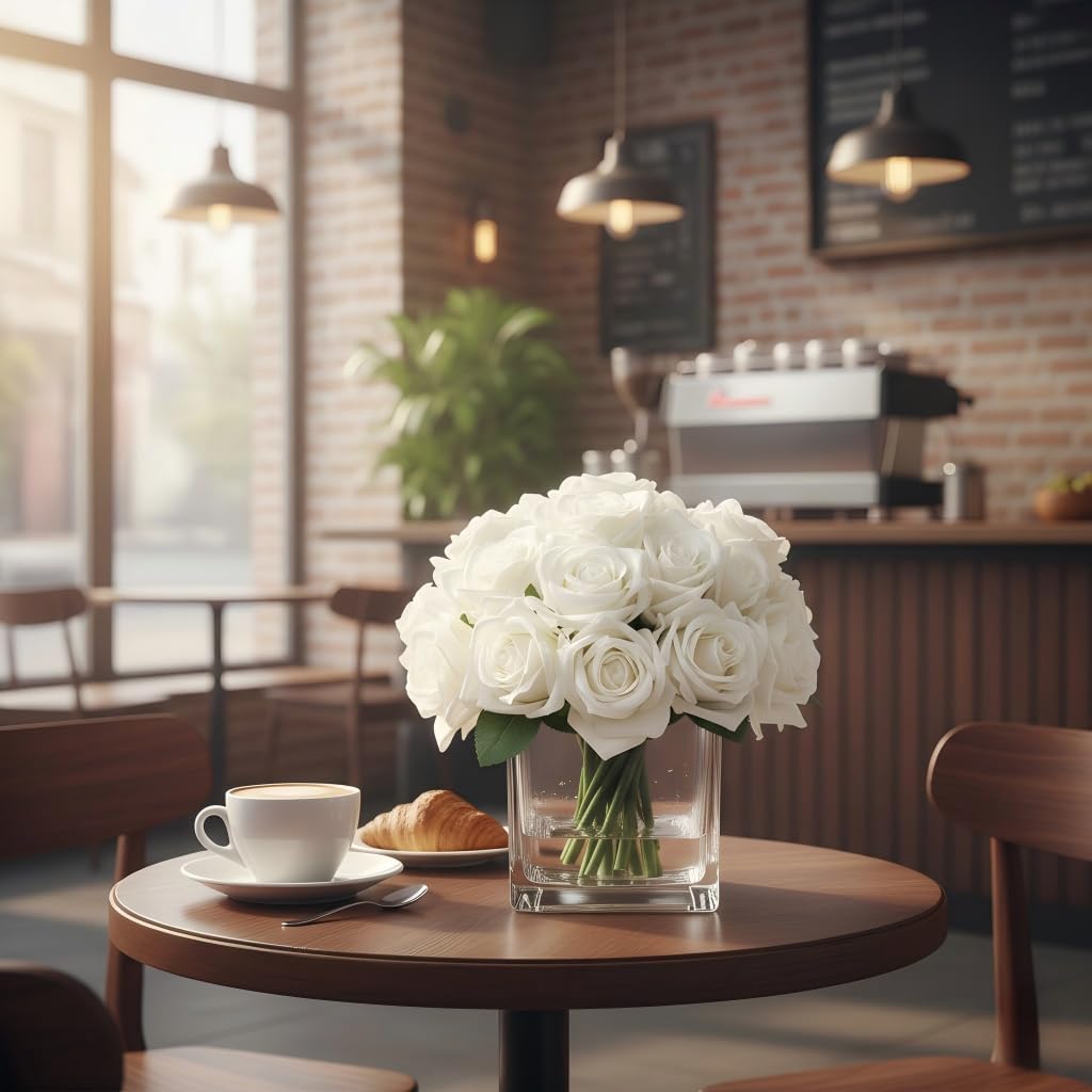 18 Heads Artificial Flowers in Vase with Fake Water, Faux Rose with Vase for Dining Table Bedroom Wedding Decor (Cream) - Image 2