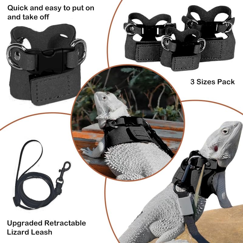 Image of Bearded Dragon Leash - 3 Sizes Pack Reptile Outing Adjustable Soft Leather Lizard Harness with Retractable Leash Small Animal Traction Rope Walking Vest Accessories for Bearded Dragon Leash(Black)