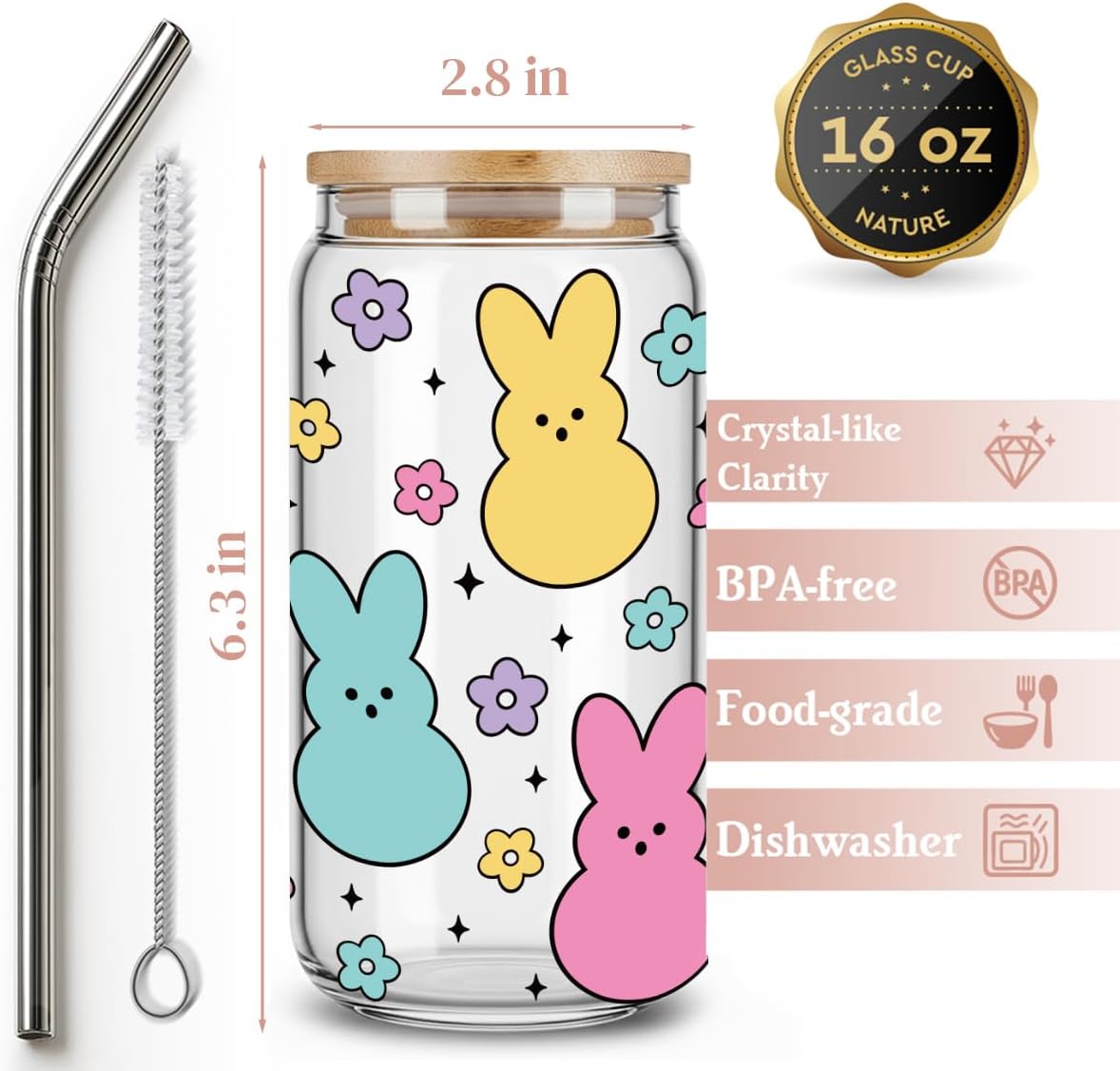 Easter Bunny Baskets Stuffers for Kids - Easter Glasses Drinking Gifts for Her,Friends,Glass Cups with Lids and Straws,Cute Bunny Holiday Glass Tumbler -153 - Image 2