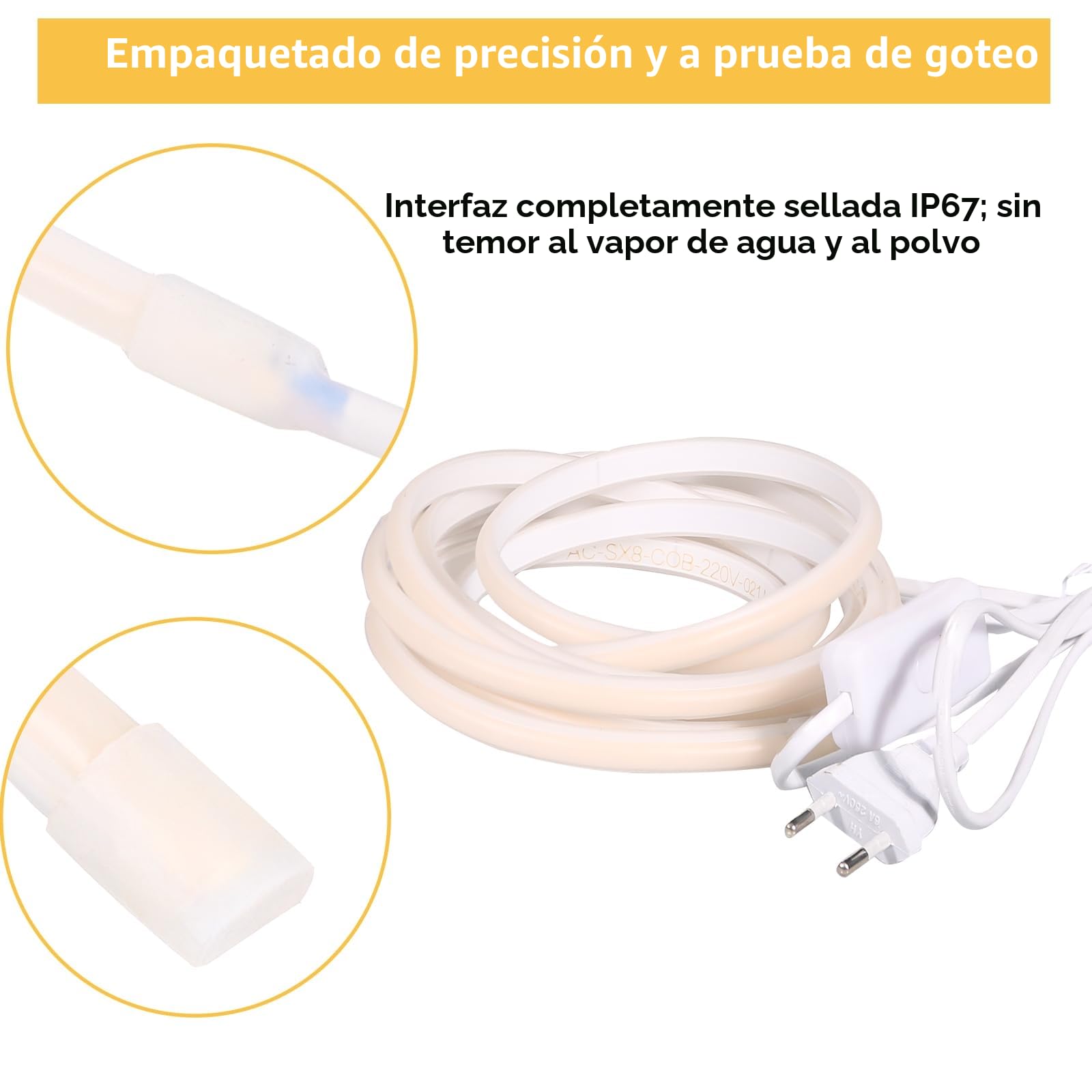 pcning Tira LED Impermeable Directa 220V 5M Blanco Calido 3000 K, Tiras led con Enchufe e Interruptor 5 Metros IP67 Waterproof (Blanco Calido, 5M)