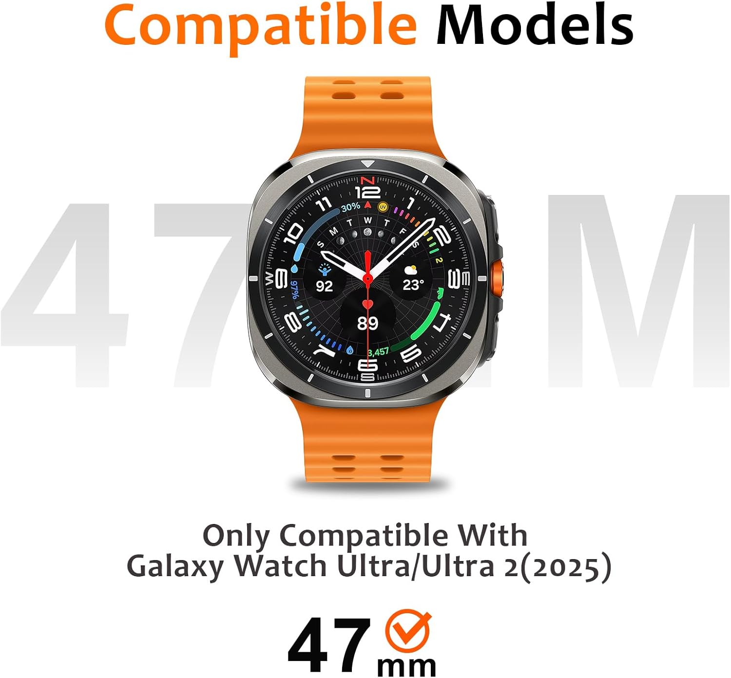 Amizee 3 in 1 Metal Case for Samsung Galaxy Watch Ultra/Ultra 2(2025) 47mm with Screen Protector, Rugged Bumper Scratch Resistant Protection Cover for Galaxy Watch 7/8 Ultra, Numeric-Titanium/Orange - Image 6