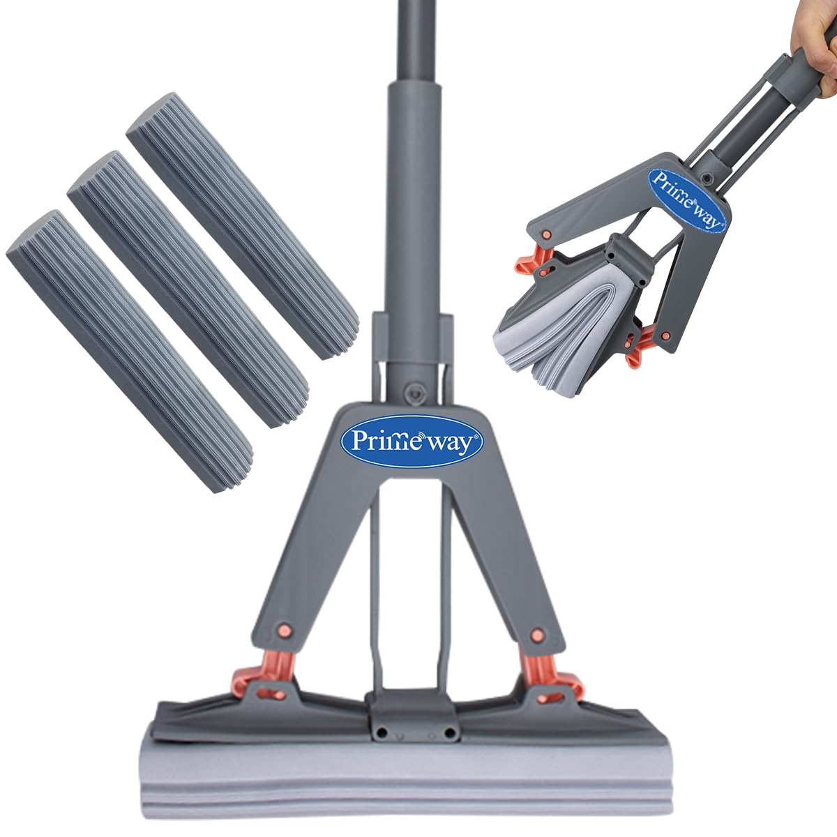 Primeway® PVA Self Wring Butterfly Floor Cleaning Mop | New Pull Design with No Lever | 124cm Long Iron Coated Handle | 28cm Extremely Absorbent Sponge | 3 Pcs Extra Spare Refills | Grey-image-38