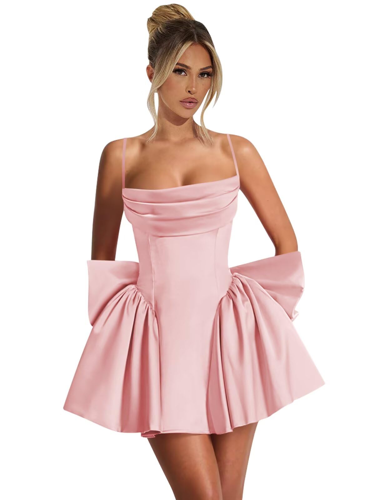 BOLENSYE Satin Homecoming Dresses Short Prom Dress with Bow Cowl Neck Corset Cocktail Party Gown for Women
