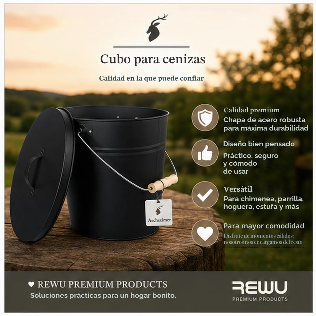 REWU Cubo de cenizas con tapa, 15 L, metal para chimenea y barbacoa | Cubo de metal estable de 15 L con tapa para cenizas completamente enfriadas, chimenea, carbón, briquetas y leña