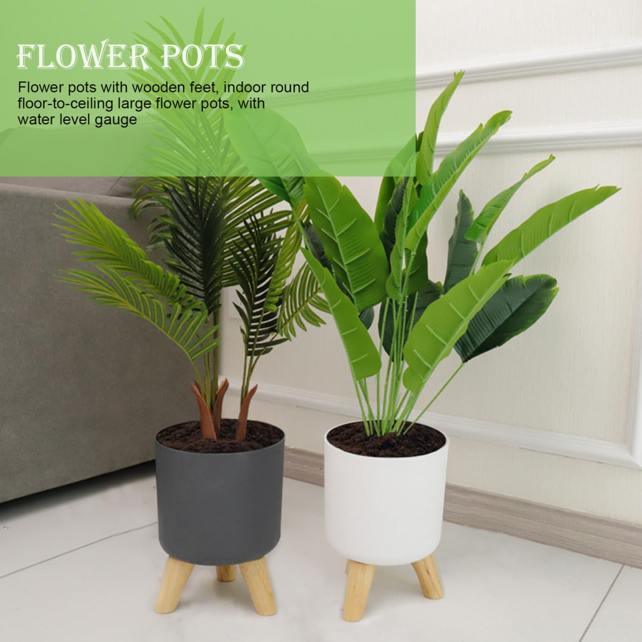 Selbstbewässernder aus Pflanztopf der Runder mit und Wasserstandsanzeige Kunststoff Holzfüßen für Blumen und Pflanzen Fensterbank oder Garten