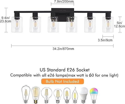Miniatura 3 de Lámparas de baño negras, 6 luces de baño sobre espejo con pantalla de vidrio transparente, luces de tocador negras mate, 6 luces de tocador grande