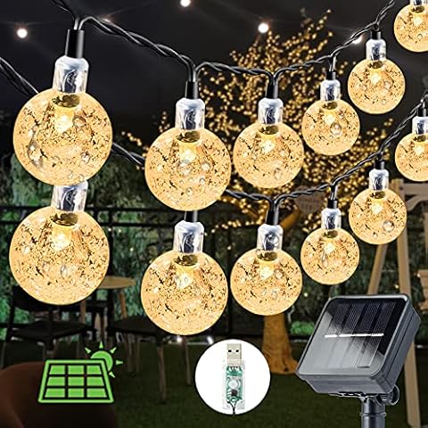 JOTELEMO Solar String Lights, 36Ft 60 LEDs Solar/USB Powered Garden Lights with 8 Mode, IP65 Waterproof Crystal Ball String Lights for Patio, Lawn, Garden, Wedding, Party, Christmas Decor(Warm White) Cover