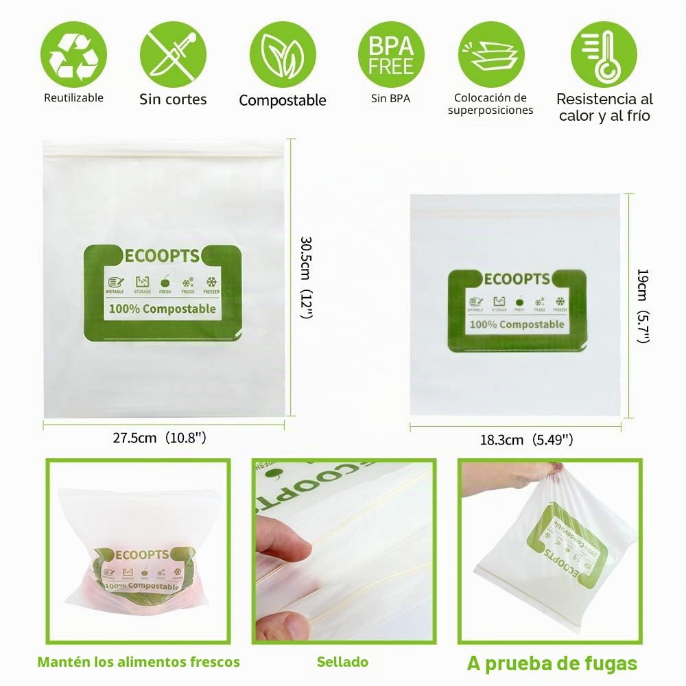 Bolsa grande con cremallera para sándwich 100% compostable, bolsas de almacenamiento de alimentos ecológicas, bolsa para congelador, a base de plantas, sin BPA, sella bien para frutas, alimentos y