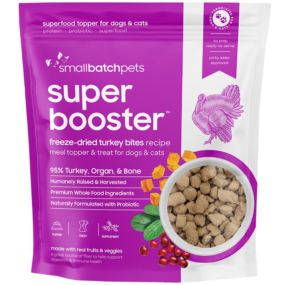 Smallbatch Freeze Dried Dog Treats, Superfood Food Topper Turkey Bites for Dogs & Cats, Probiotics, Organic Ingredients, High Protein, Grain Free Healthy Treat & Food Topper, Made in the USA, 7 oz Bag