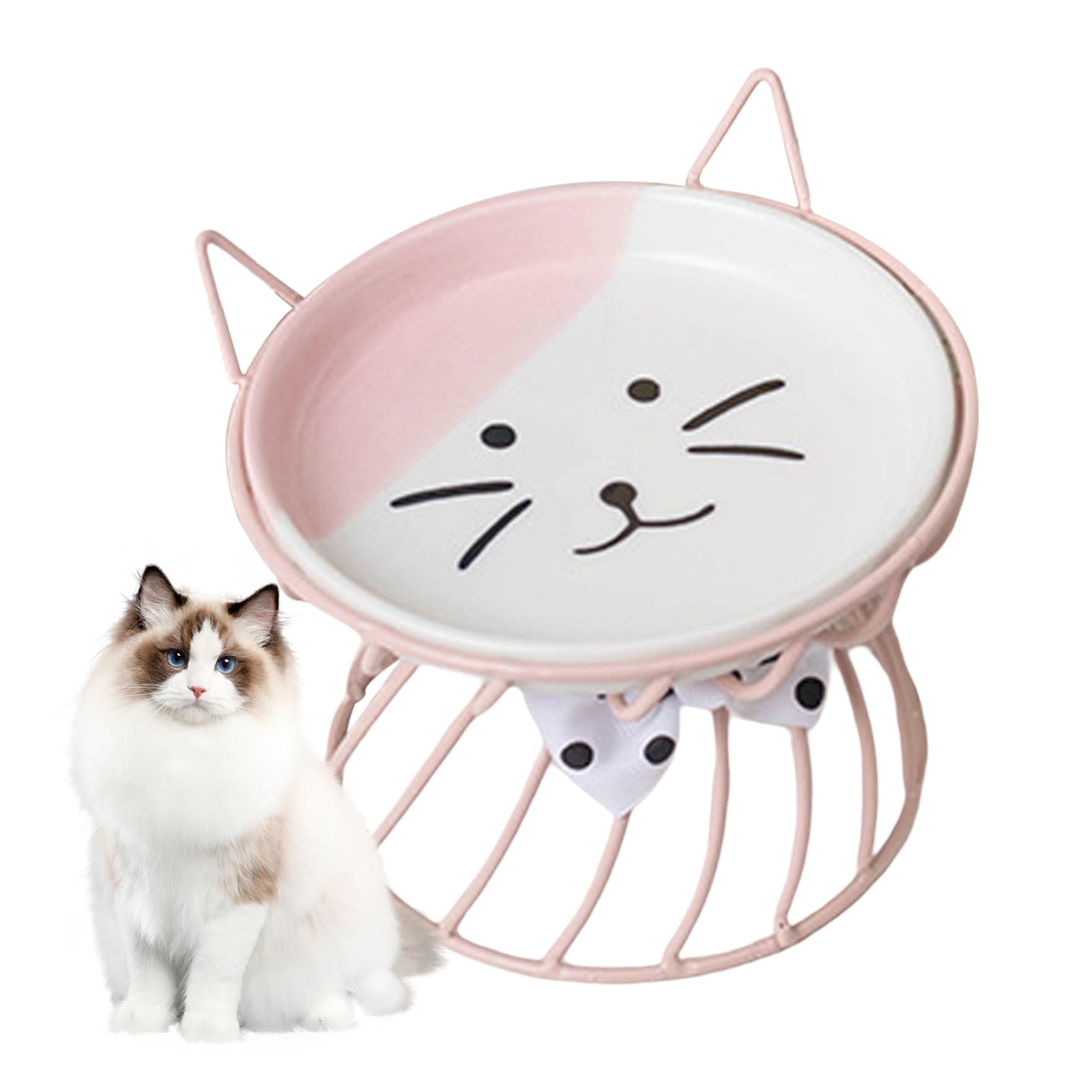 Pastoralist Pink Cat Food Bowl Ceramic Cat Bowl With Stand Cute Cat Raised Feeding Plate Elevated Pet Bowl For Cat Dog Feeder Bowl, Ceramic Cat Bowl With Stand