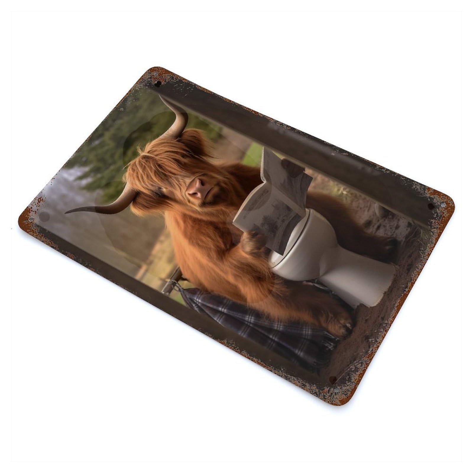 Cow on The Toilet Rust Effect Tin Sign 11.8"x7.9", Ideal for Shed, Workshop And Garage Wall Decor